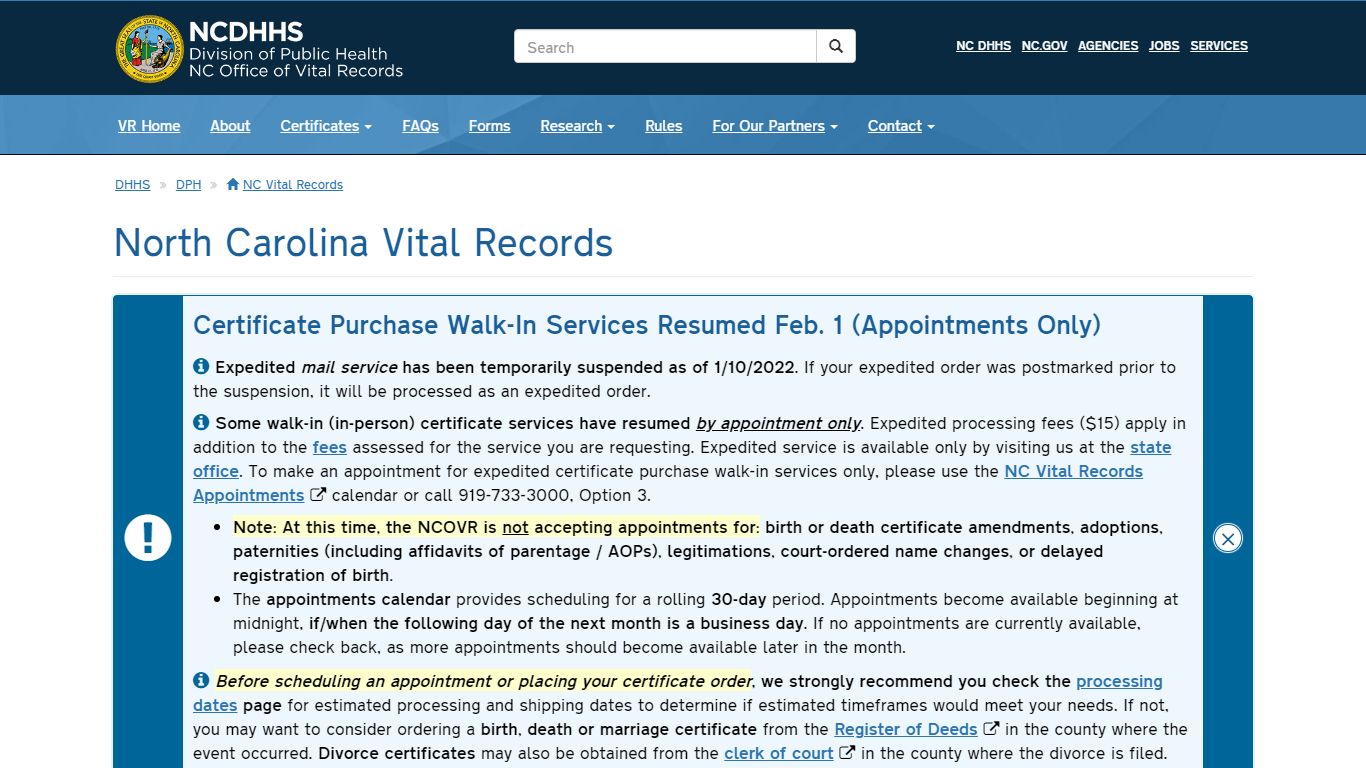 NCDHHS: DPH: NC Vital Records Home